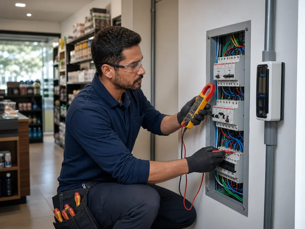 Eletricista verificando quadro elétrico de comércio em Ribeirão Preto