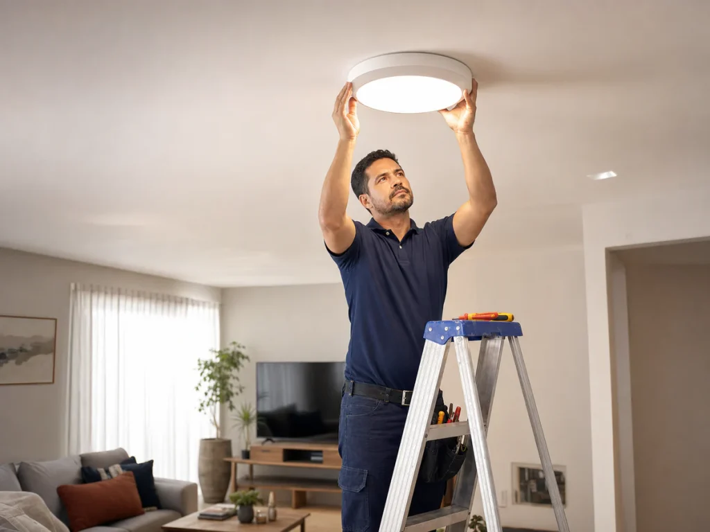 Eletricista instalando luminária LED em residência em Ribeirão Preto