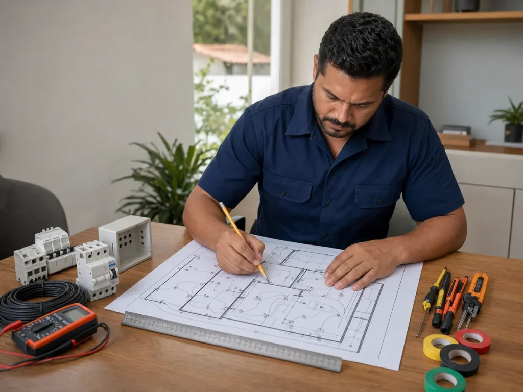 Eletricista planejando projeto elétrico residencial em Ribeirão Preto