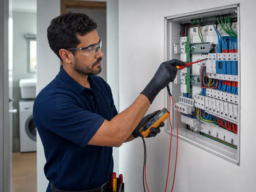 Eletricista verificando quadro de distribuição e disjuntores em Ribeirão Preto