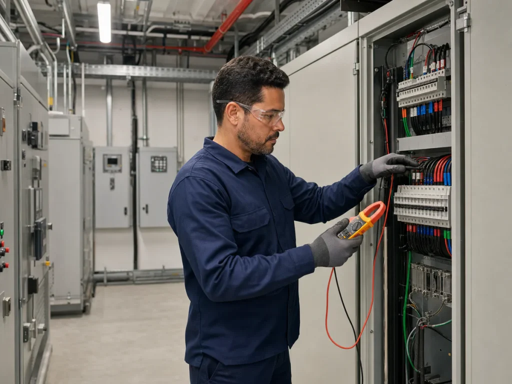 Eletricista inspecionando painel elétrico industrial e predial em Ribeirão Preto